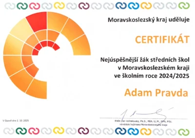 Ocenění MS kraje pro mimořádně úspěšné studenty – Adam Pravda ze SPŠ stavební Ostrava
